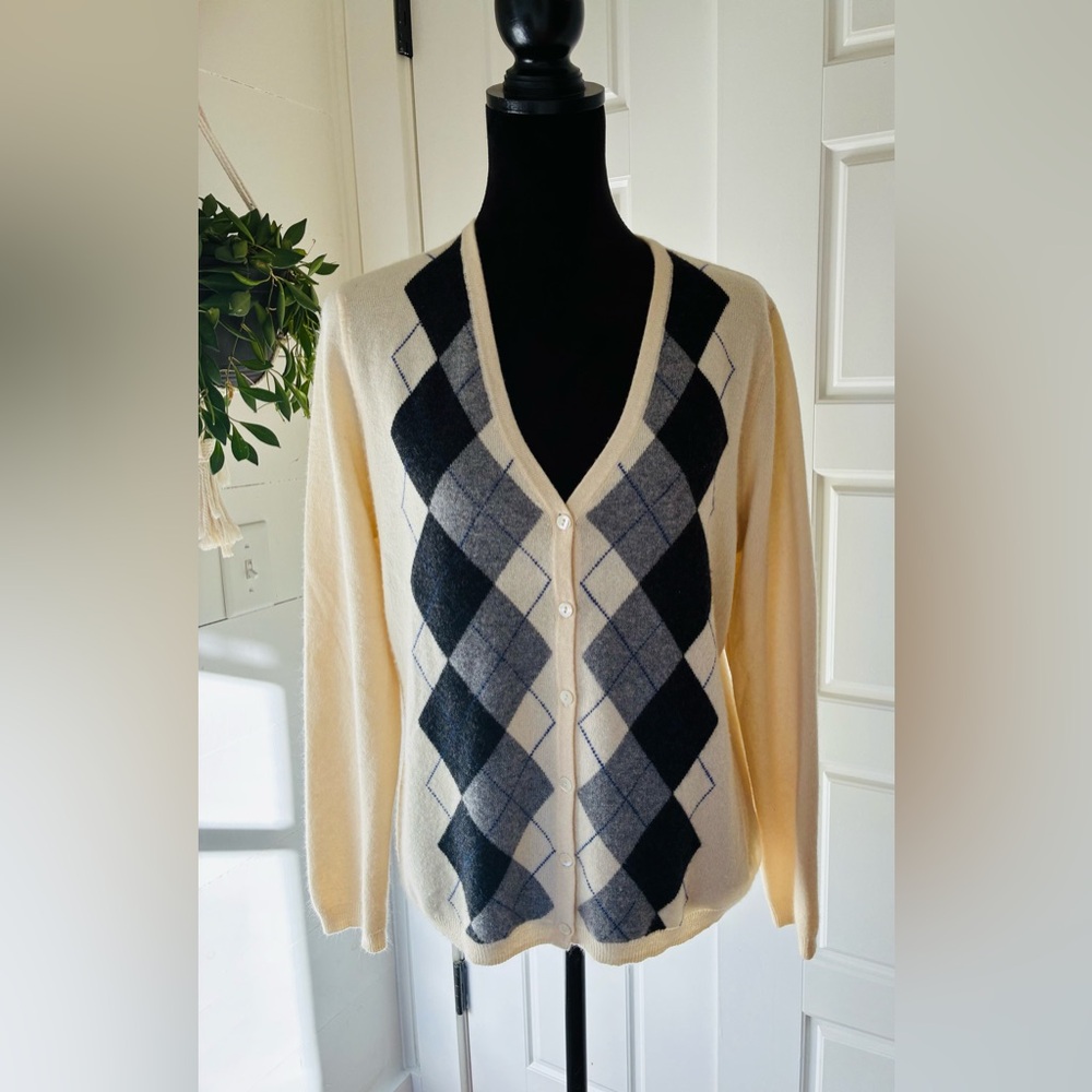 Brooks Brothers 100% Cashmere Argyle Cardigan Sweater Women’s XL Cream Gray